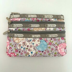 LeSportsac 3-Zip Cosmetic Case Gray and Pink Pouch